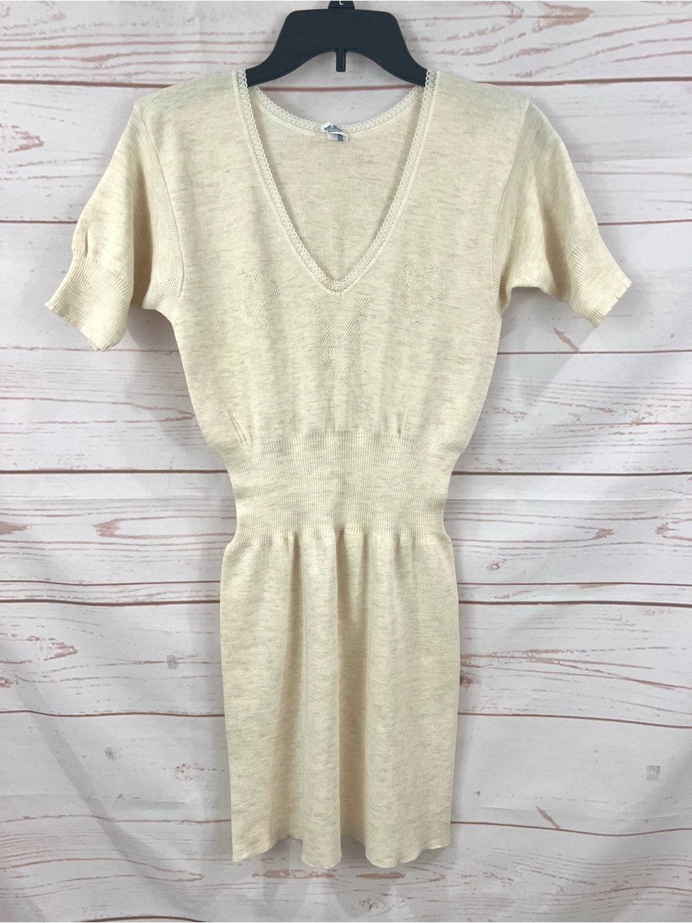 Vintage A Boglietti Italian Wool Knit Pointelle Eyelet V-neck Short Sleeve Dress